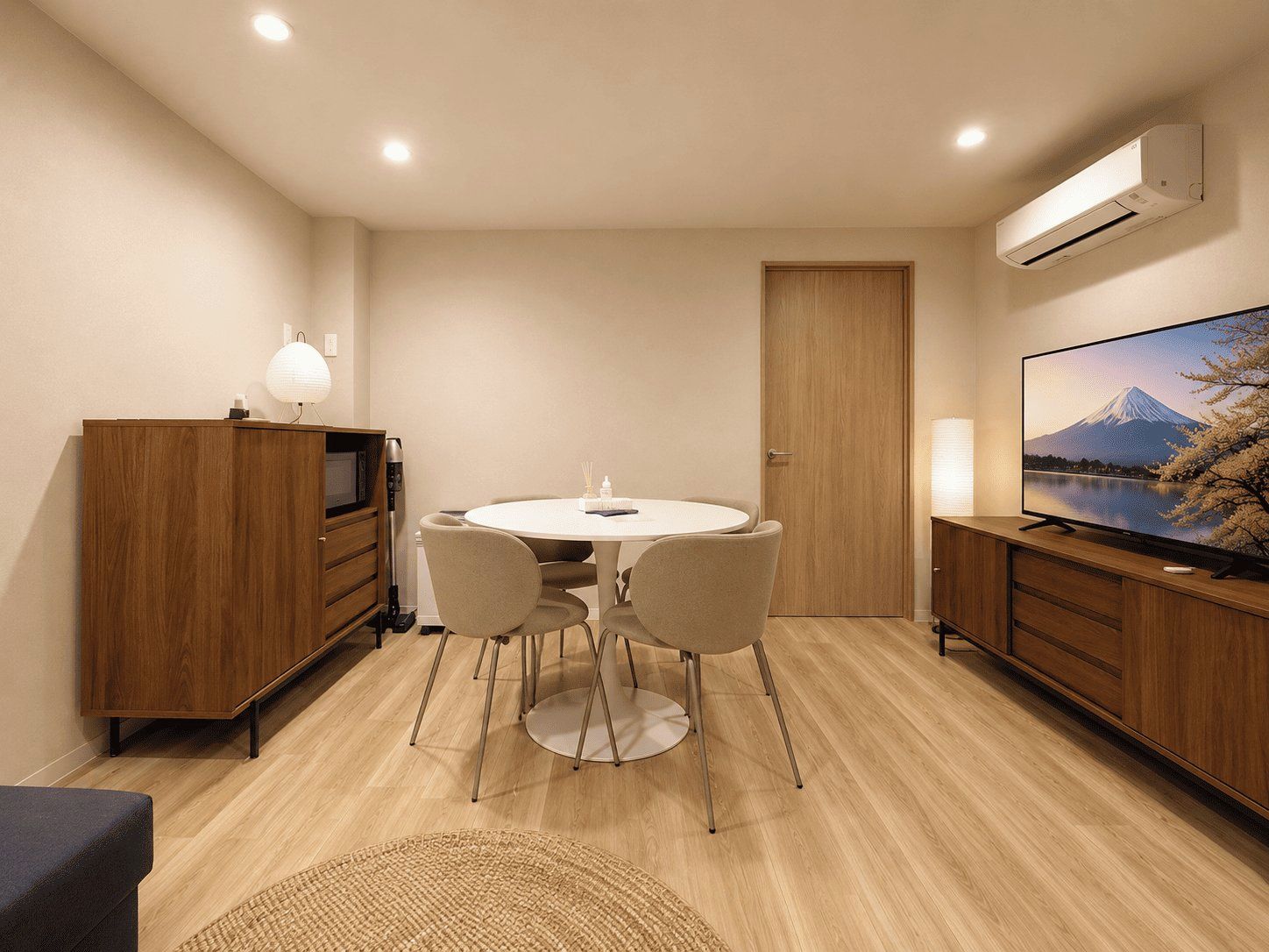 A compact room with a round table, two chairs, a television, and a cabinet with a lamp.