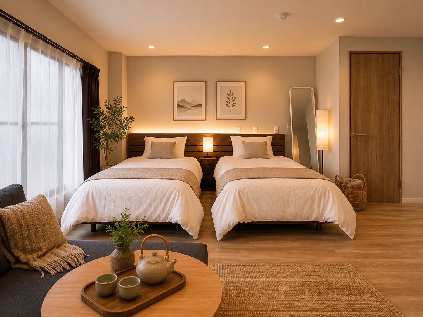 A hotel room with two beds, a sitting area with a table, and a large mirror.