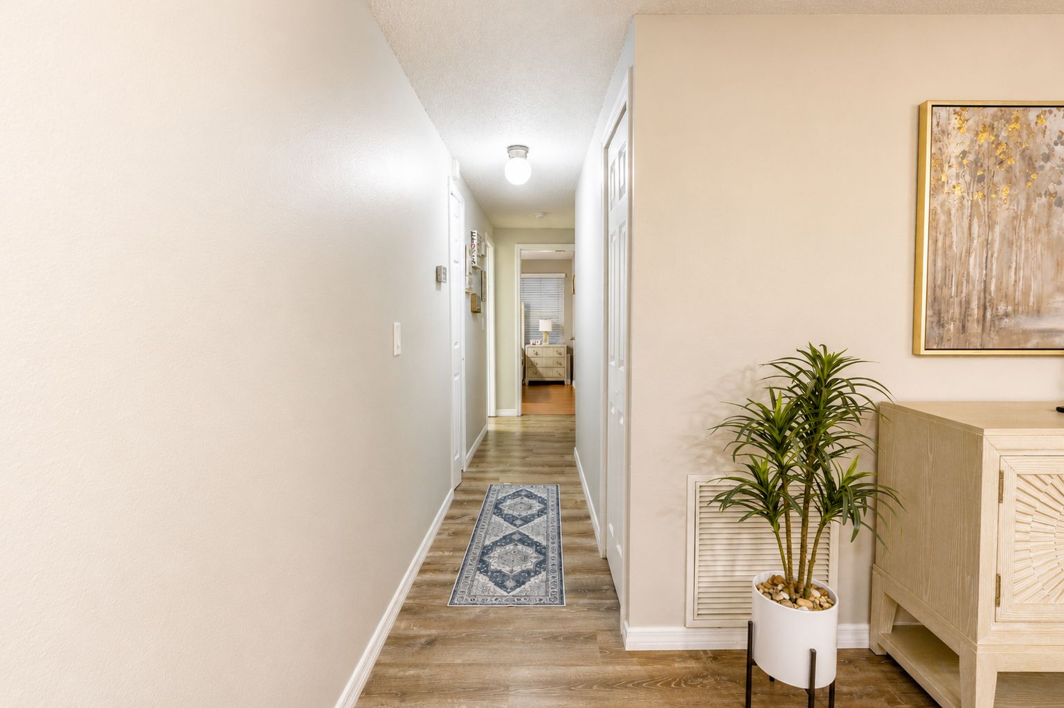 A hallway with a wooden floor, a patterned rug, a potted plant, and a piece of wall art.