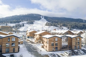 A row of wooden cabins with a ski slope in the background. - Apartment with 1 bedroom (St. Georgen am Kreischberg)