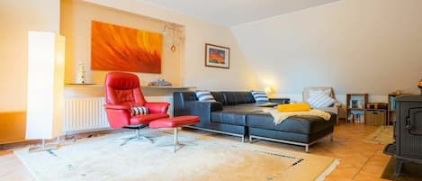 Ein Wohnzimmer mit einem roten Sessel, einem grauen Sofa, einem Kamin und einer Heizung.