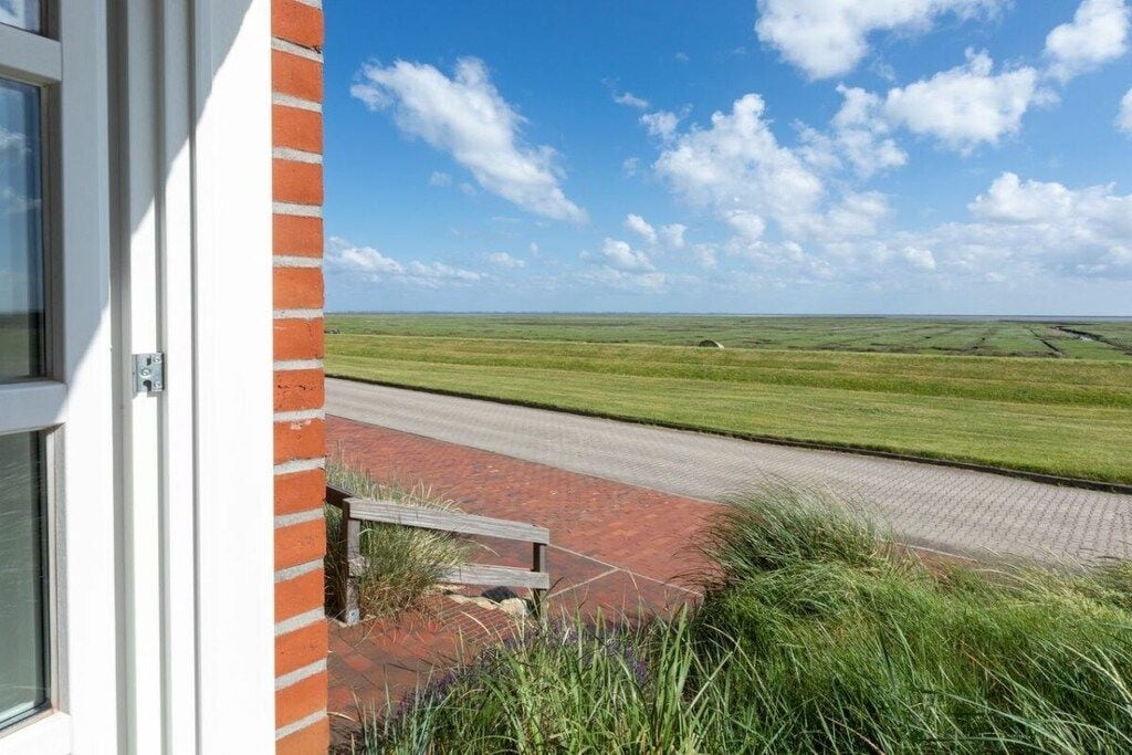 A view from a window overlooking a paved path leading to a grassy field.