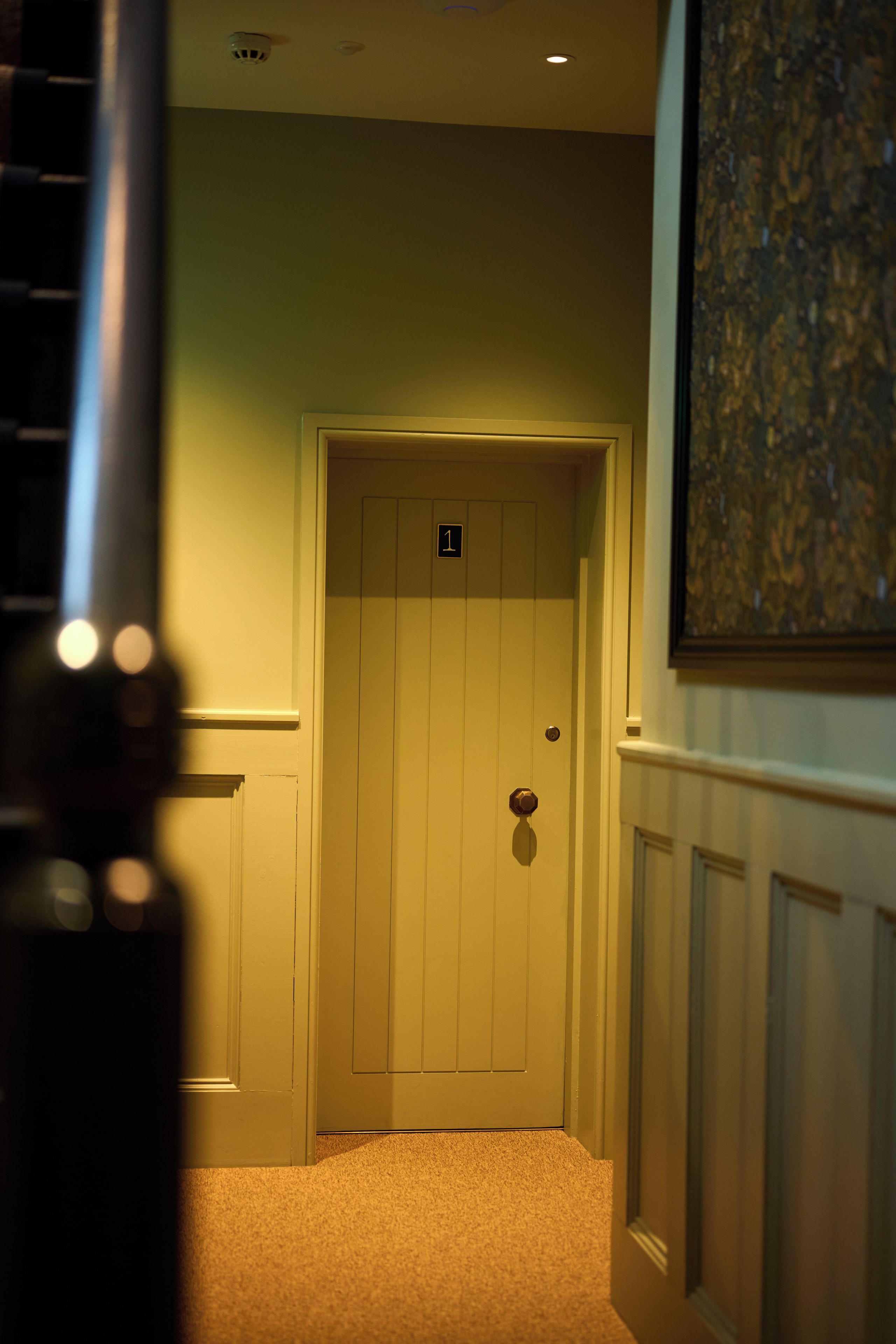 A hallway with a closed door marked with the number 1, a carpeted floor, and a painting on the wall.