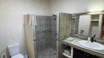 Un baño con ducha, inodoro y lavabo.