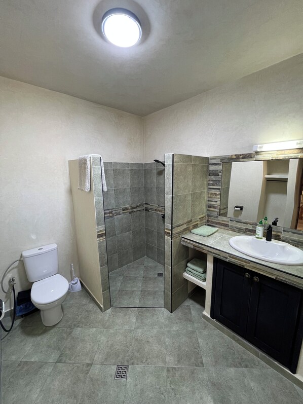 Un baño con ducha, inodoro y lavabo.