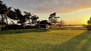 A grassy outdoor area with a small shed, trees, and a clear sky.