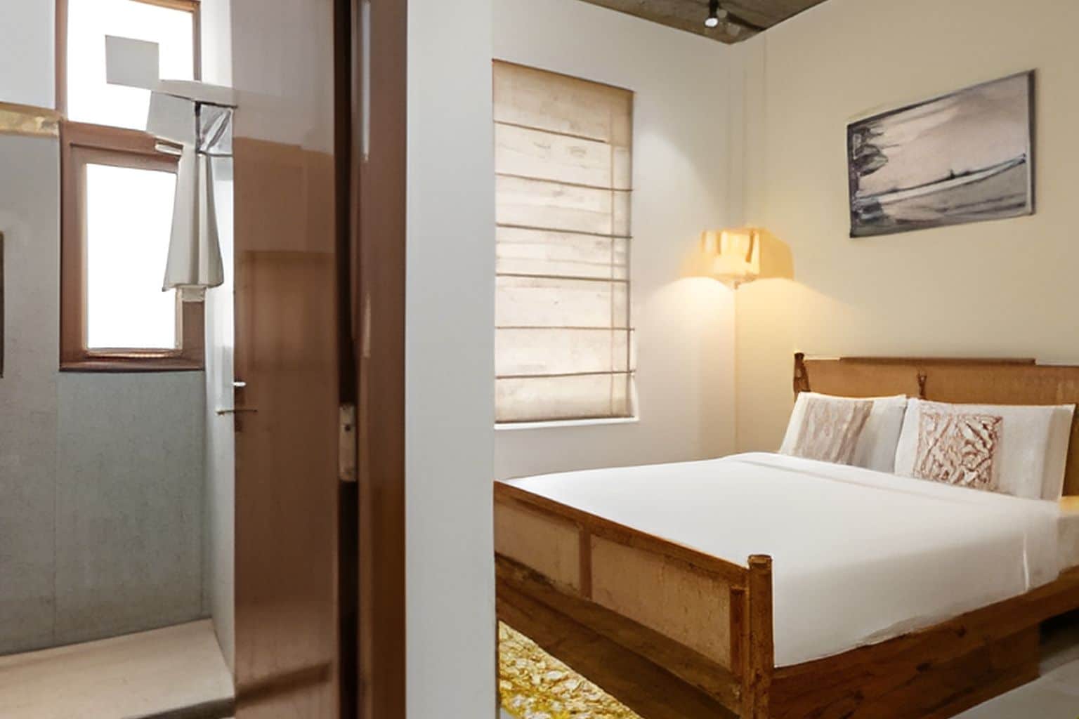 A bedroom with a wooden bed, a window with blinds, a wall-mounted light, and a painting.
