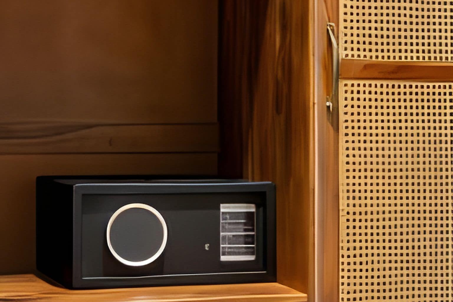 A black safe with a circular dial and a small display screen, placed on a wooden shelf in a wooden cabinet.