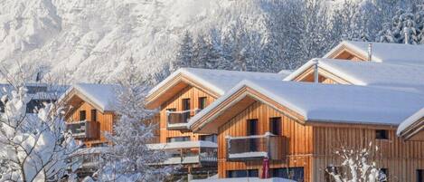 A wooden chalet-style building with balconies, surrounded by snow-covered trees and mountains.