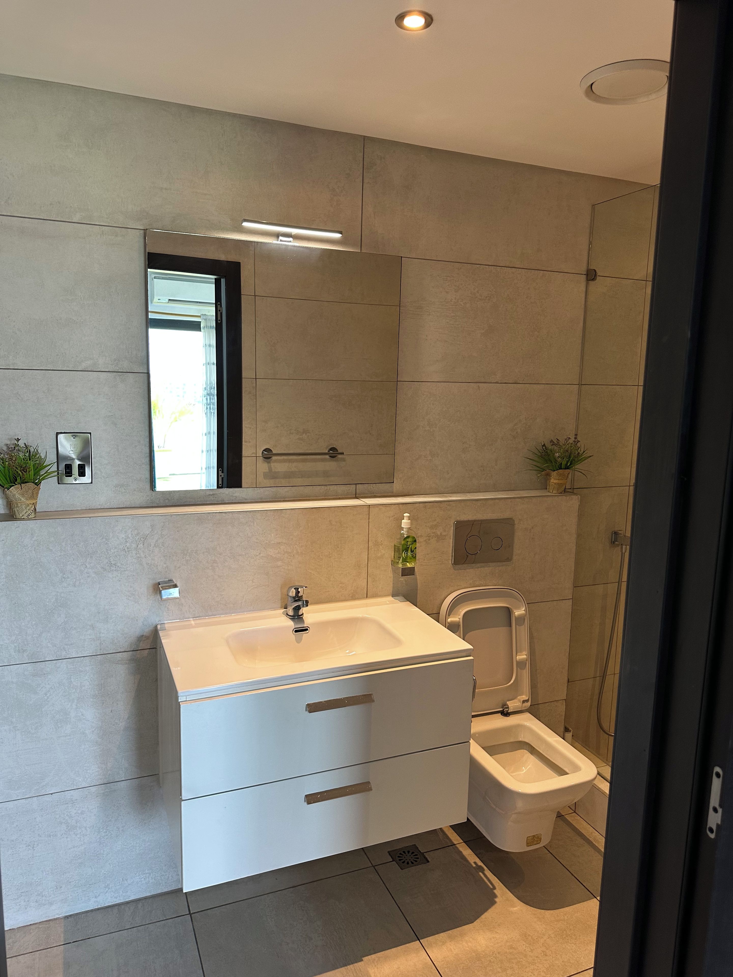 A modern bathroom with a white vanity, a mirror, a toilet, and a shower area.