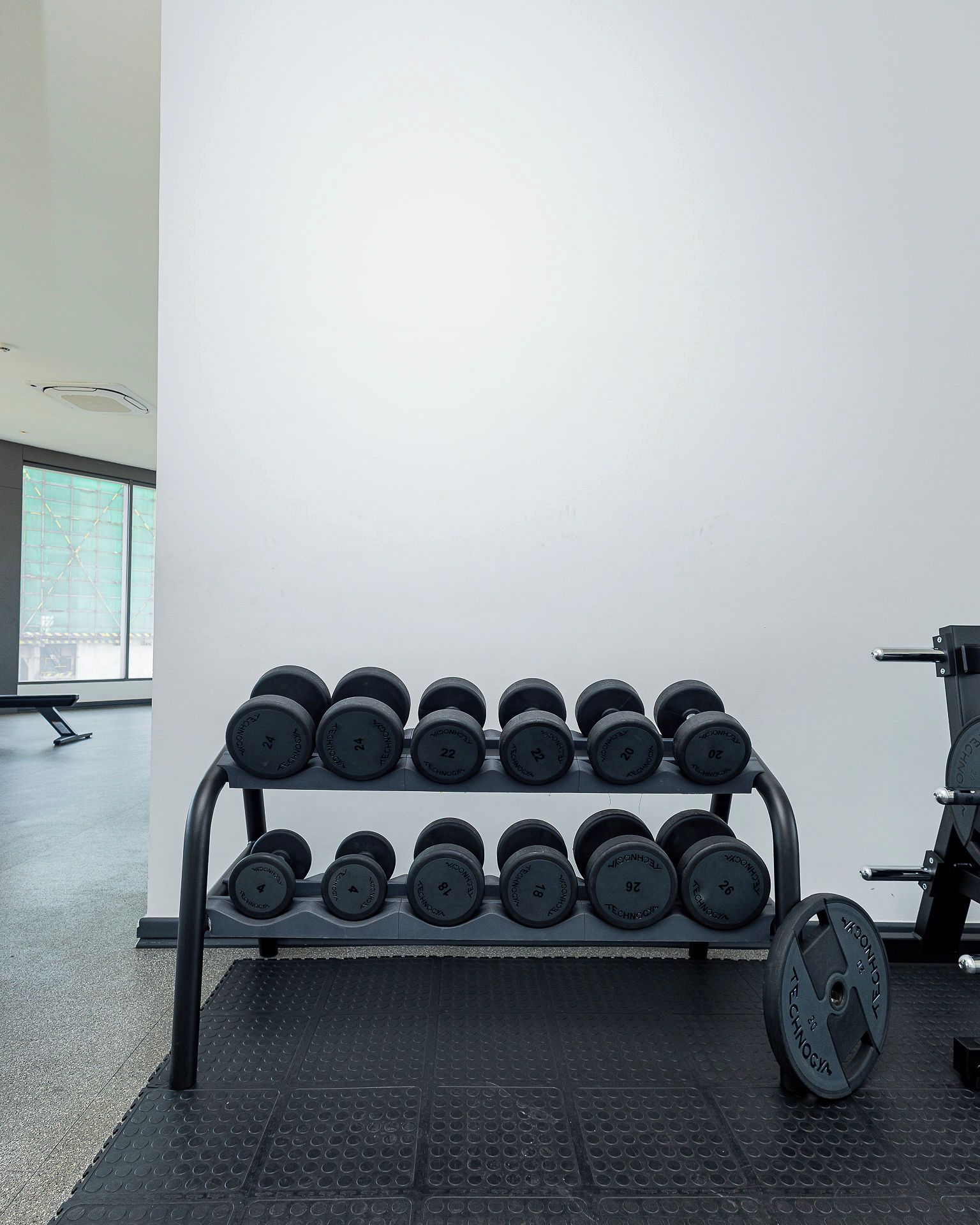 A gym with a rack of dumbbells and a weight bench.