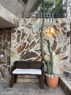 Un mur de pierres avec un cactus, un banc et une plante en pot.