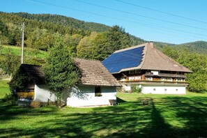 Een klassiek chalet met schuin dak en zonnepanelen, omgeven door weelderig groen en heuvels.