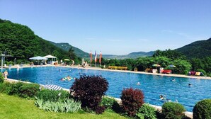 En swimmingpool med folk i, omgiven av grönska och kullar.