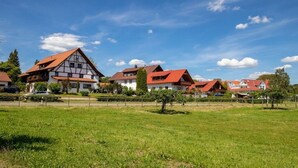 A row of traditional houses with red roofs and white walls, set in a green field with a clear sky. - Holiday apartment with 1 bedroom (Meersburg)