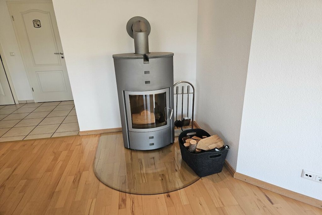 Ein moderner, kompakter Holzofen mit Glastür, platziert in einer Ecke eines Raumes mit Holzboden.