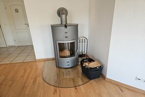 Ein moderner, kompakter Holzofen mit Glastür, platziert in einer Ecke eines Raumes mit Holzboden.