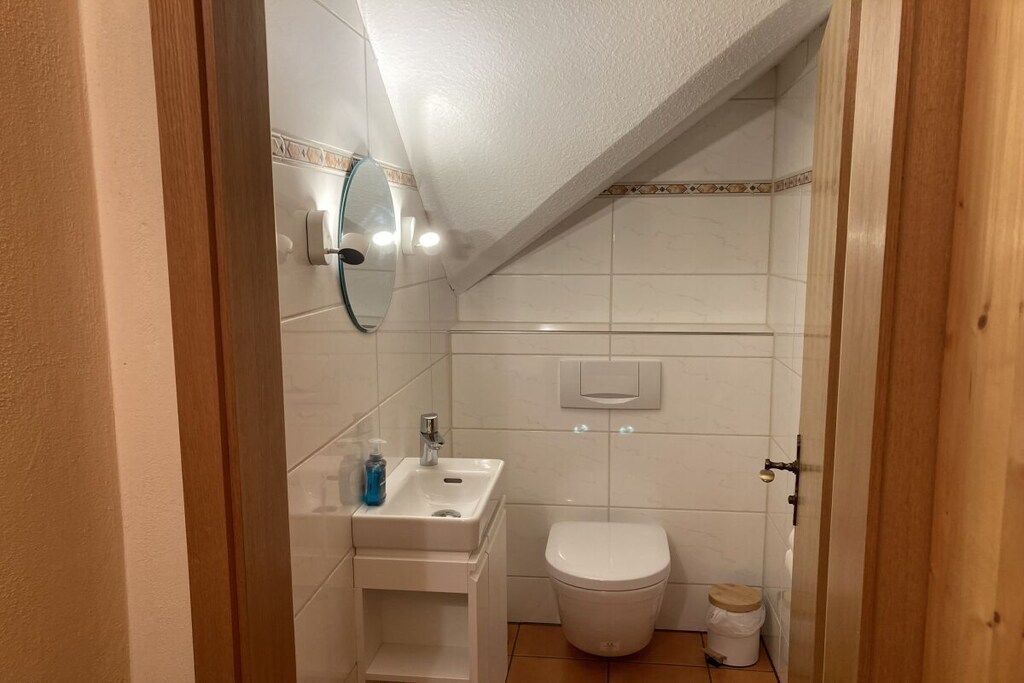 A small bathroom with a white sink, mirror, and toilet.