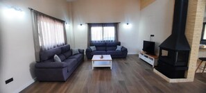 A living room with two sofas, a coffee table, a TV, and a fireplace.
