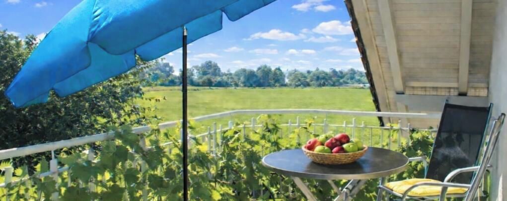 A balcony with a table holding a basket of fruit, a blue umbrella, and a view of a green field.