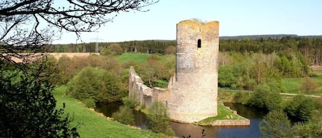 A historic stone tower surrounded by a moat and greenery.