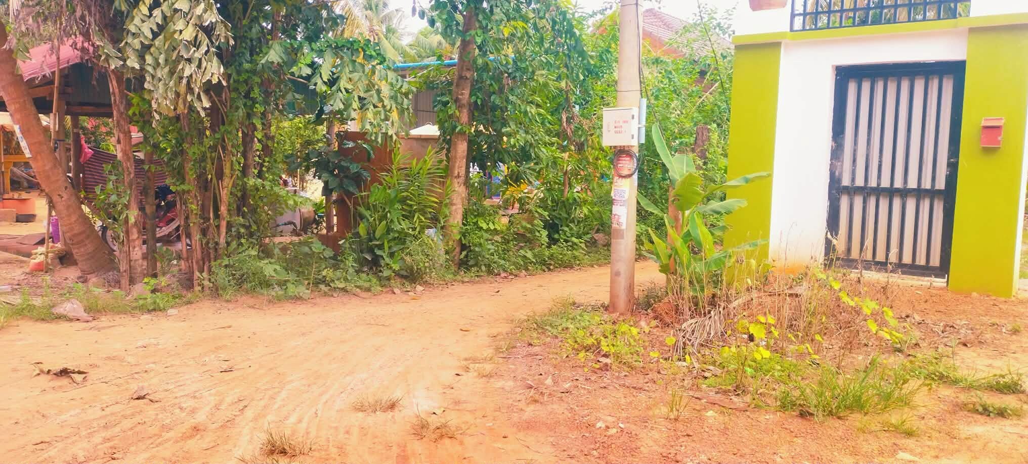 Un chemin de terre mène à un bâtiment doté d’un mur vert et d’une fenêtre grillagée.