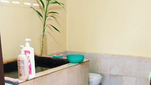 A small bathroom with a toilet, a sink, and a green basin. There is a plant on the counter and a bottle of liquid soap.