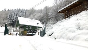 A green chalet with a snow-covered roof, surrounded by a snowy landscape and trees. - Holiday home in Oberharmersbach with sauna (Oberharmersbach)