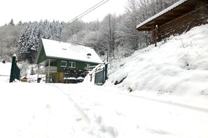 Een groen houten chalet met een sneeuwbedekte dak, omringd door een besneeerd landschap en bomen.