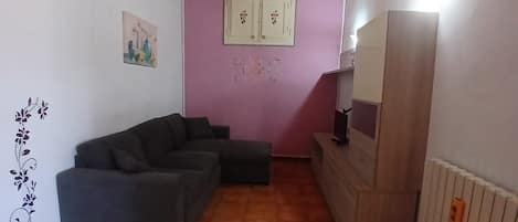 A living room with a grey sofa, a pink wall, and a wooden cabinet with a television.