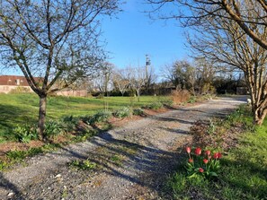 Een grindpad met gras en bomen, dat leidt naar een gebouw met een rood dak.