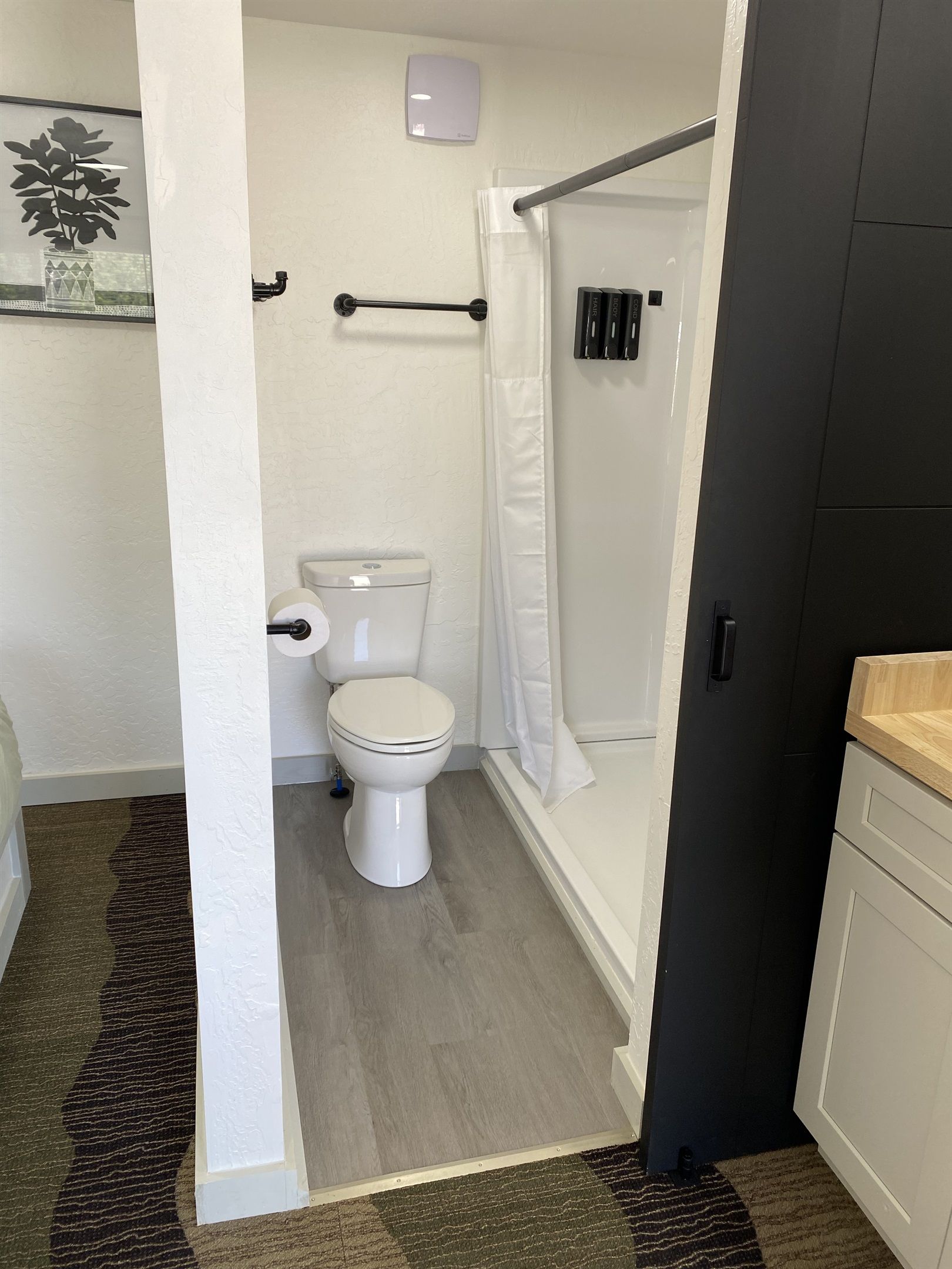 Ein Badezimmer mit Toilette, Dusche und Handtuchhalter.