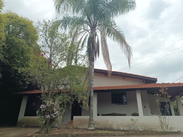 Um edifício com telhado em cerâmica, varanda coberta e uma palmeira.