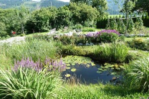 Un jardí amb un estany, diferents plantes i una boscaterra de fusta.