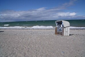 A beach with a single wicker chair facing the ocean. - Small holiday apartment Pappelhof (Fehmarn)