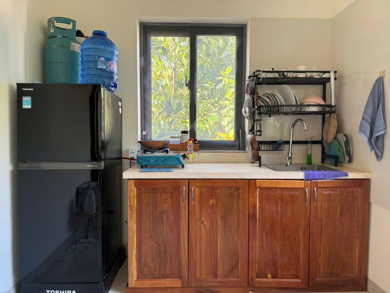 A compact kitchen with a refrigerator, a dish rack, and a window with a view of greenery.