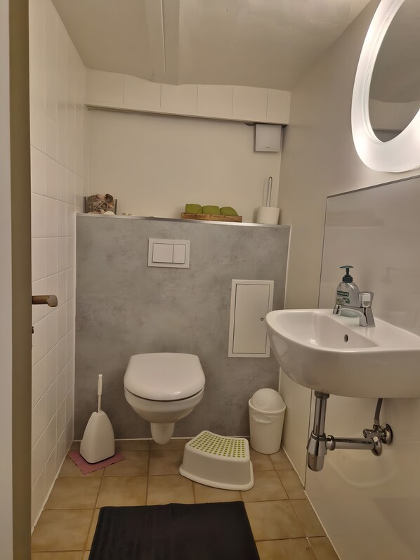 A bathroom with a toilet, sink, and a step stool.