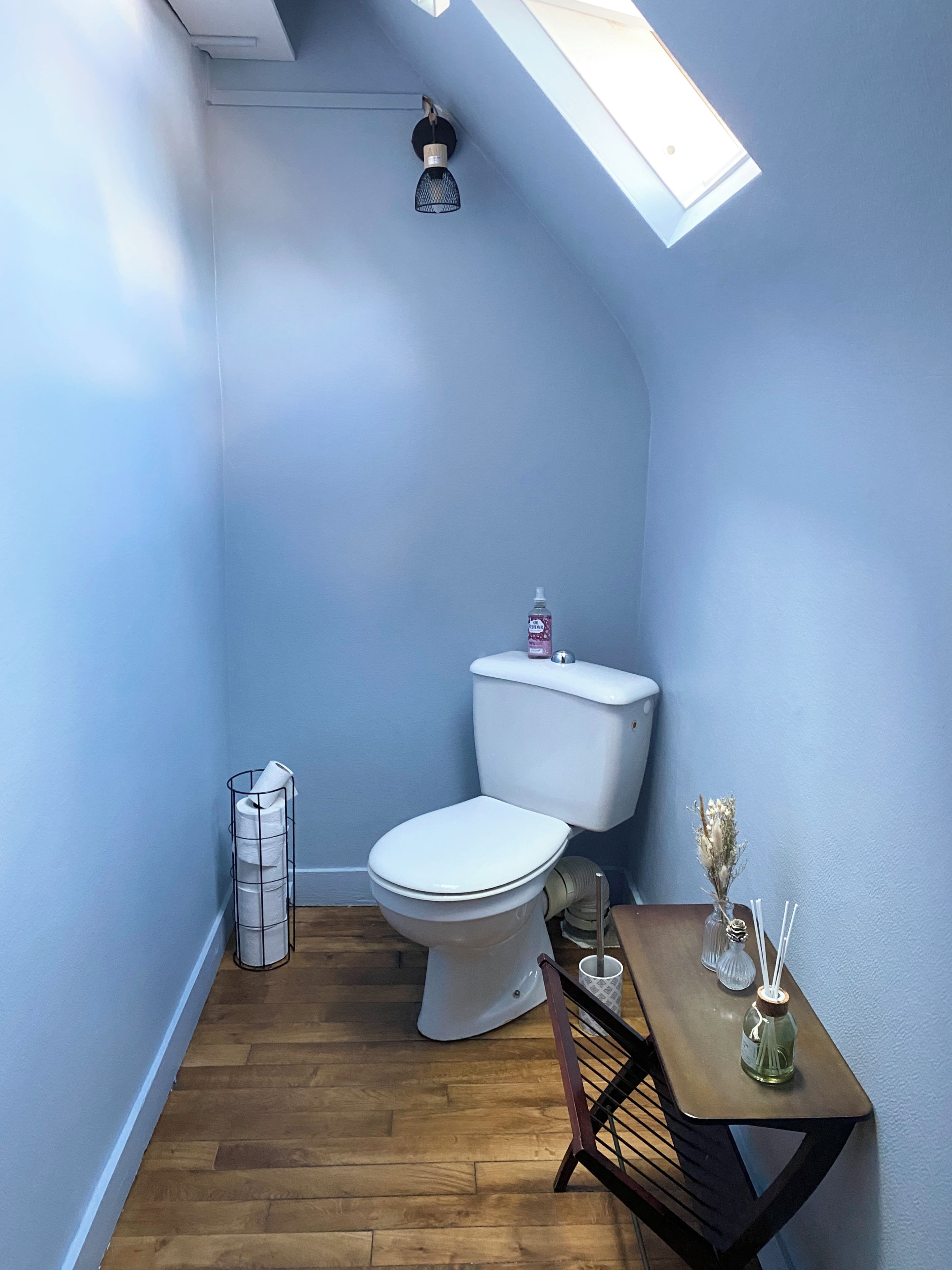 A compact bathroom with a skylight, a toilet, a small table with a vase, and a roll of toilet paper on a rack.