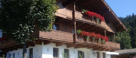 Una cabaña de madera tradicional con un balcón decorado con flores rojas, frente a un fondo de árboles y un cielo despejado.