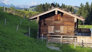 A rustic wooden cabin with a sloped roof, a wooden porch, and a fenced yard. - Lovely apartment for 4 people with WIFI, TV and balcony (Hopfgarten Im Brixental)