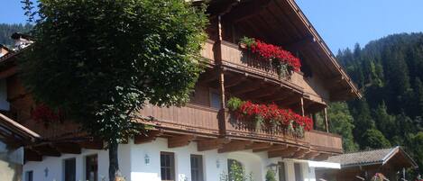 A traditional wooden chalet with a balcony adorned with red flowers, set against a mountainous backdrop.