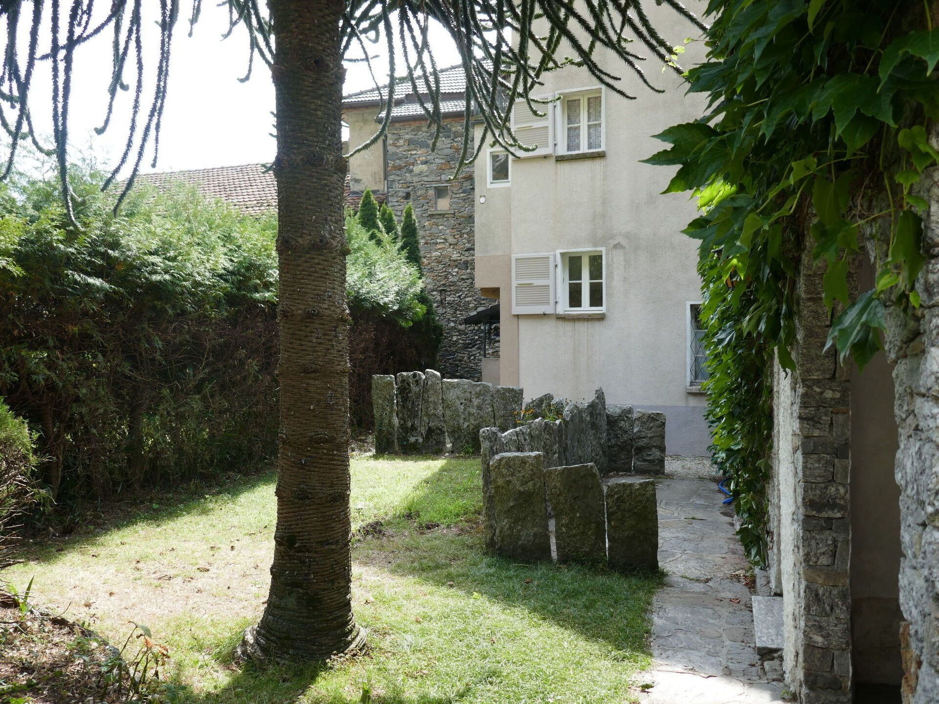 A stone wall with a grassy area and a tree in the foreground.