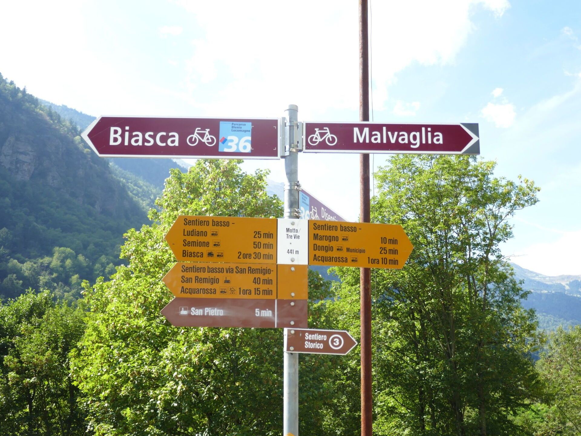 A directional signpost with multiple arrows pointing to various destinations including Biasca, Malvaglia, and Sentiero basso.
