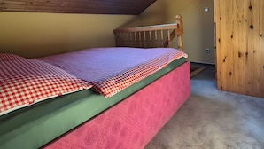 A room with a sloped ceiling, a skylight, a bed with checkered bedding, and a wooden wall. - Small, Cozy Apartment with Country Charm, Shared Garden & Wi-Fi (FeWo 4) (Hörselberg-Hainich)