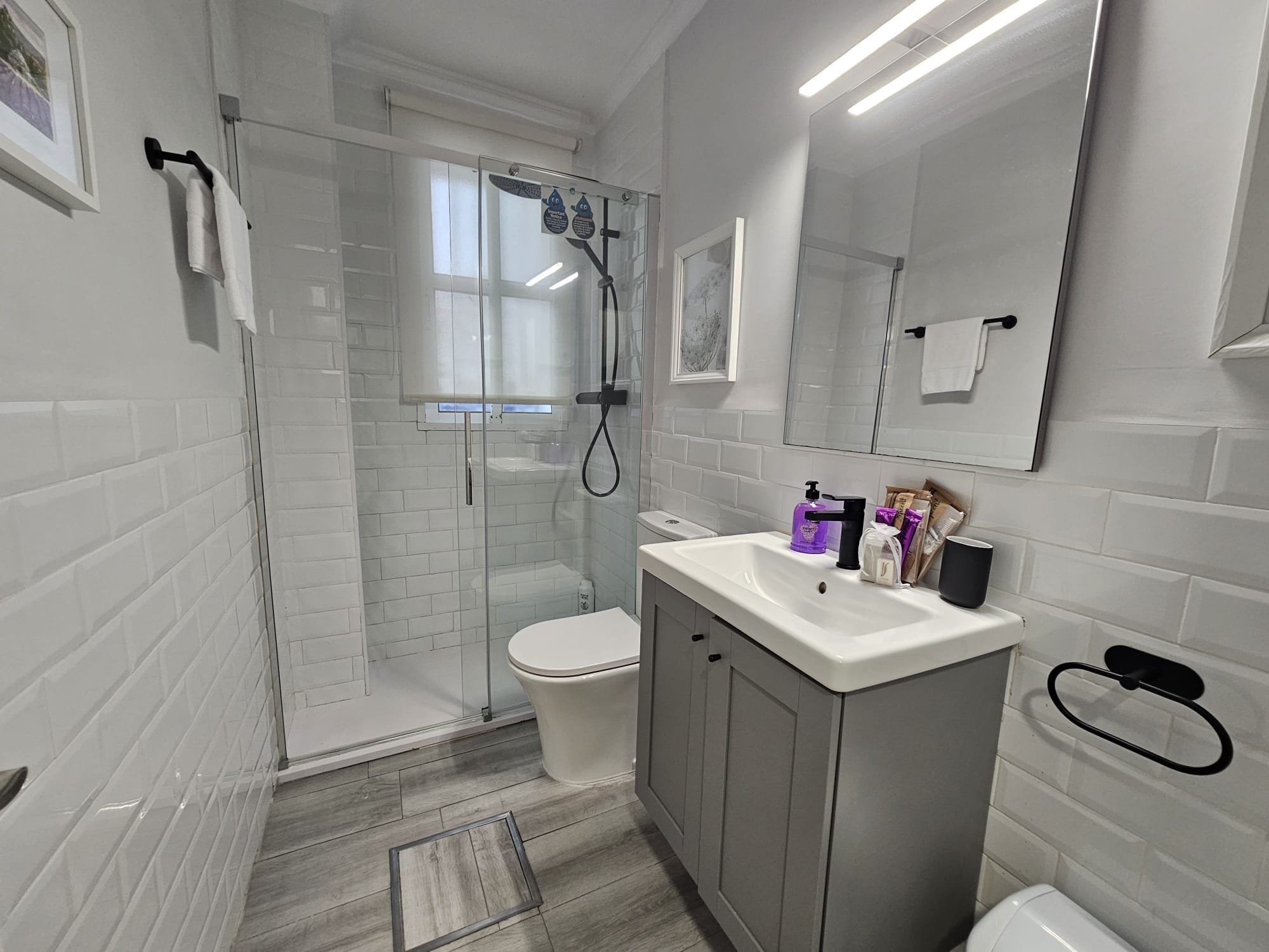 A modern bathroom with a glass shower enclosure, a white toilet, a vanity with a sink, and a mirror.