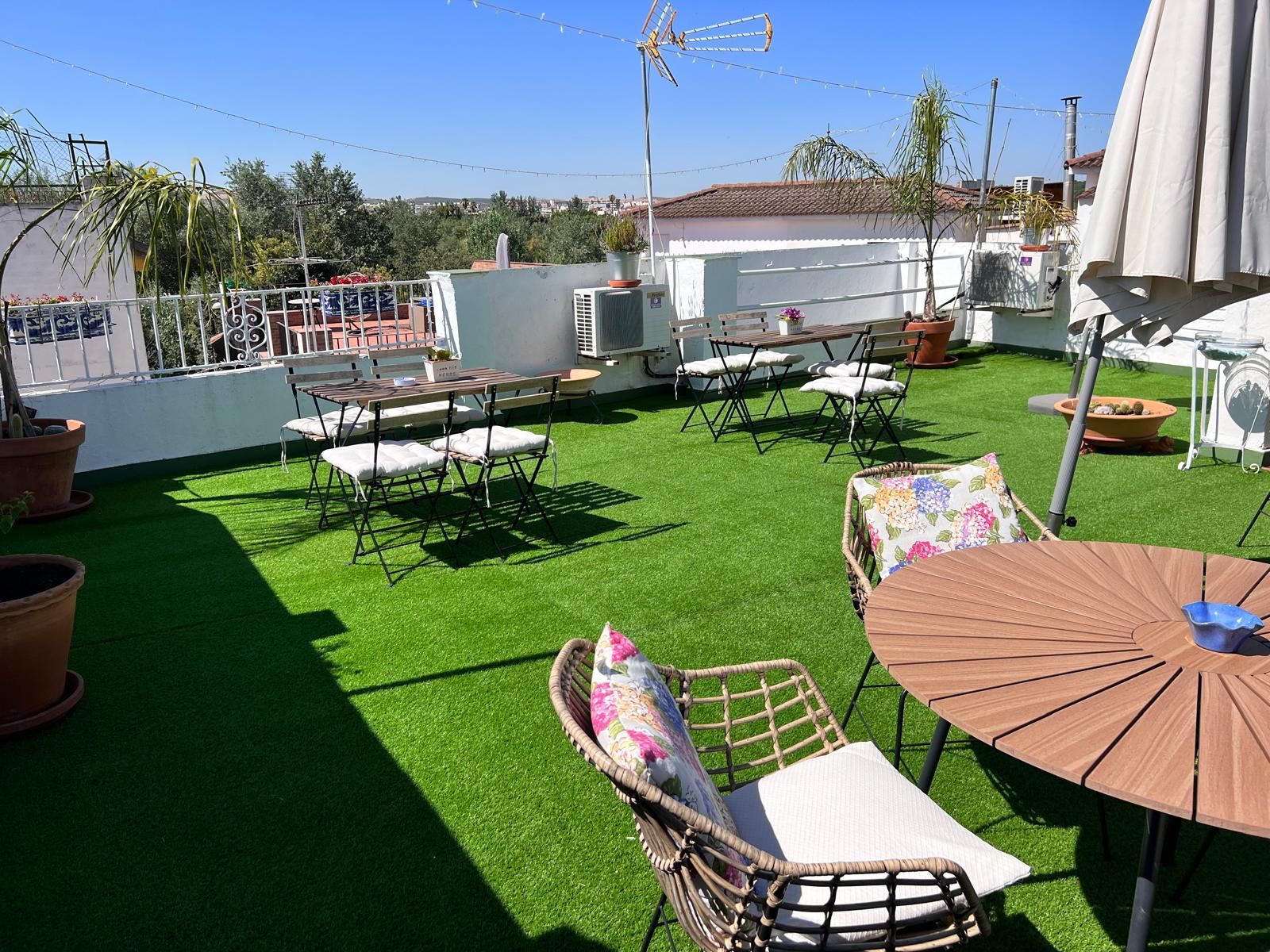 Een terras op het dak met kunstgras, tuinmeubilair en een schotelantenne.