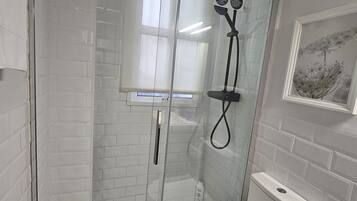 Un baño con ducha de vidrio, inodoro blanco y un cuadro en la pared.