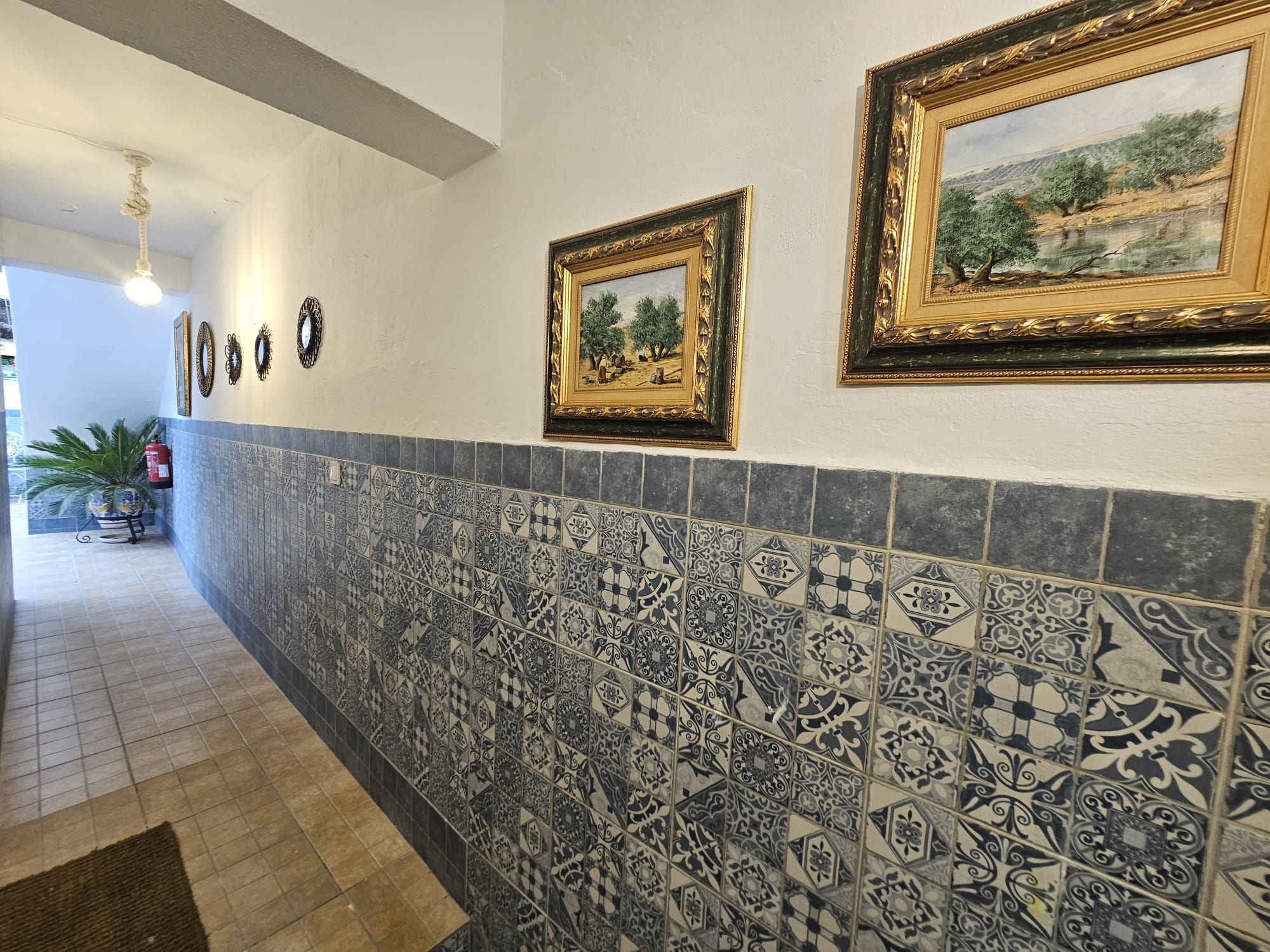 A hallway with patterned tiles, framed artwork on the walls, and a potted plant.