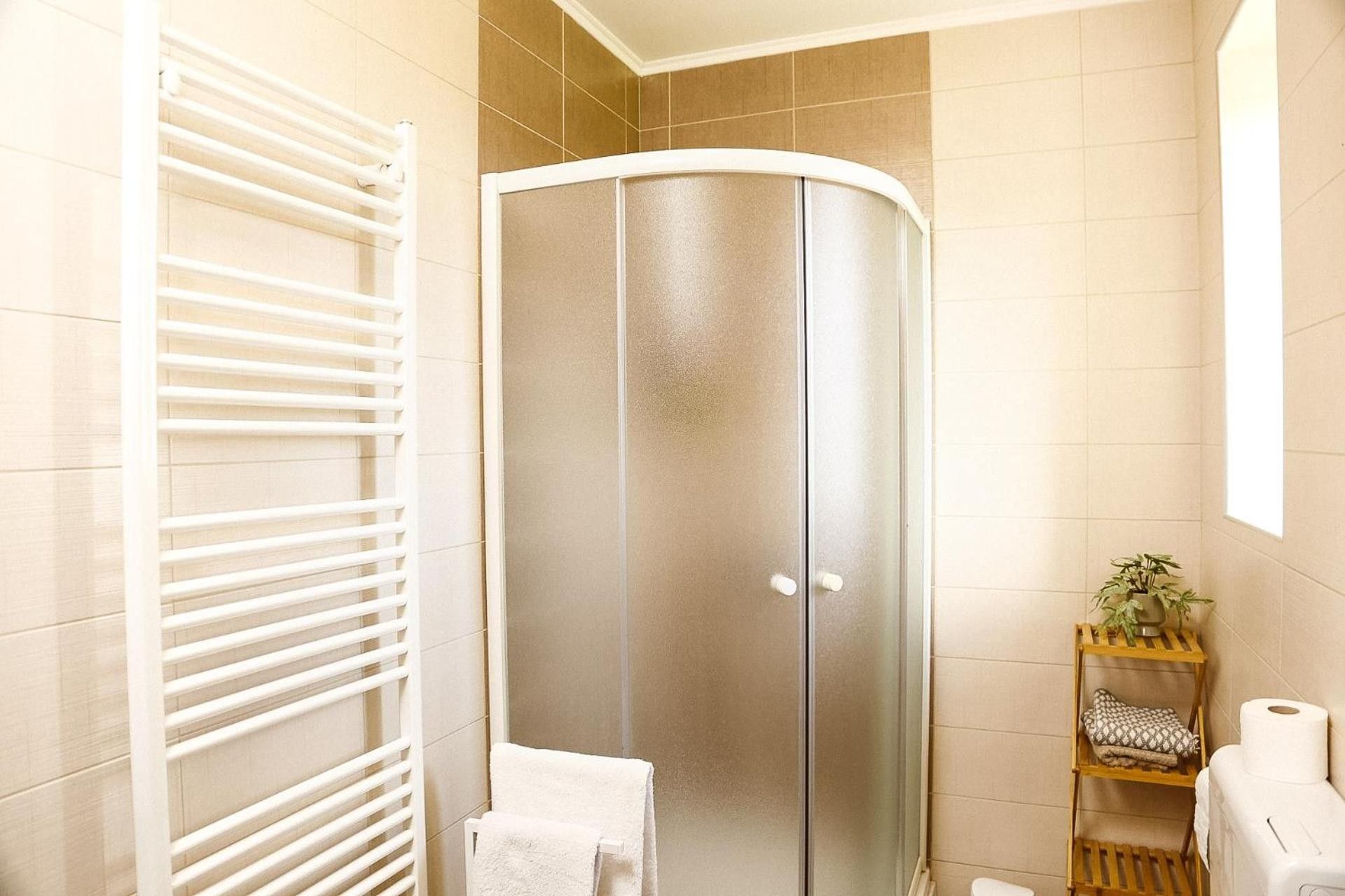 A bathroom with a glass shower enclosure, a white towel, a shelf with toiletries, and a white radiator.