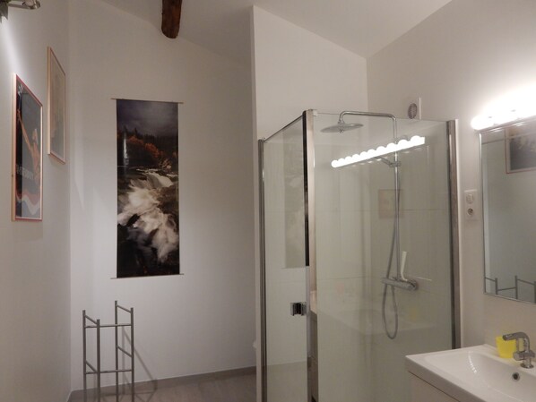 A modern bathroom with a glass-enclosed shower, a sink with a mirror, and framed artwork on the wall.